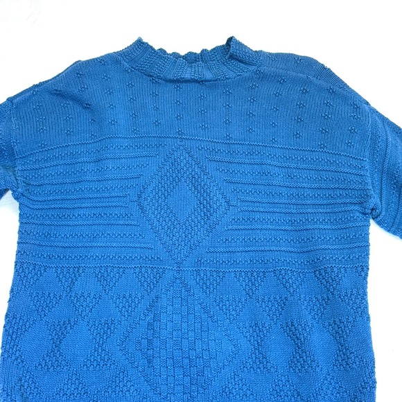Vtg Bedford Fair‎ Blue Knit Cotton Diamond Pattern Mock Neck Sweater Medium - Picture 7 of 9